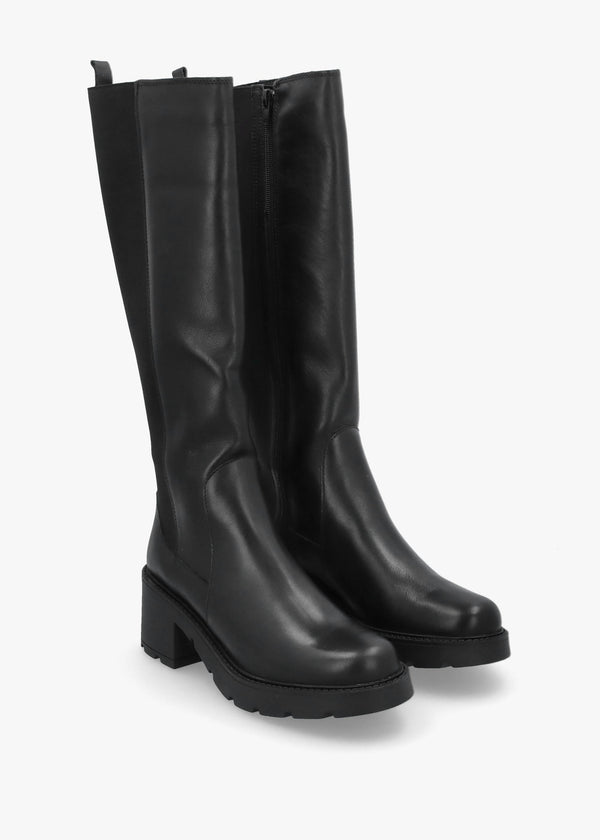 Luxor Black Leather Block Heel Knee Boots