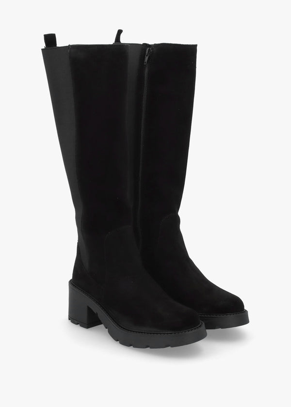 Luxor Black Suede Block Heel Knee Boots