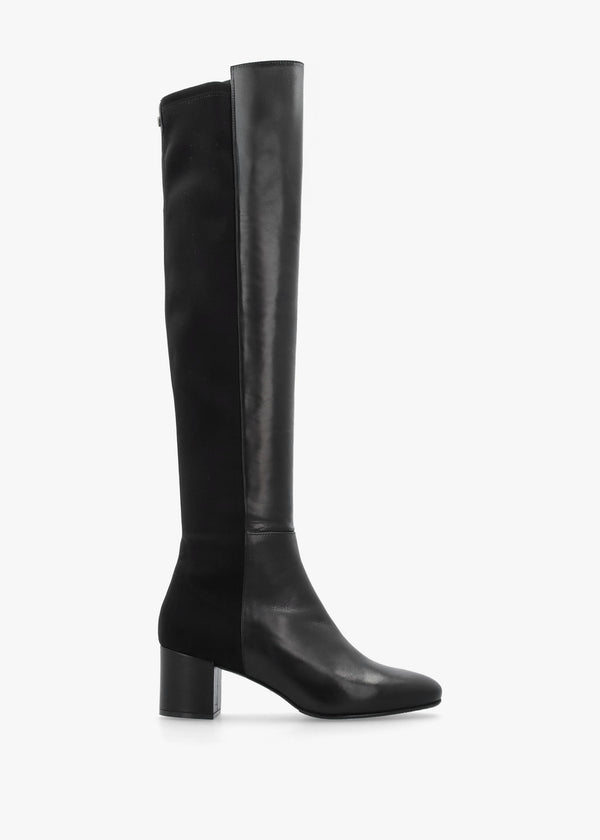 Mondo Black Leather Block Heel Over Knee Boots