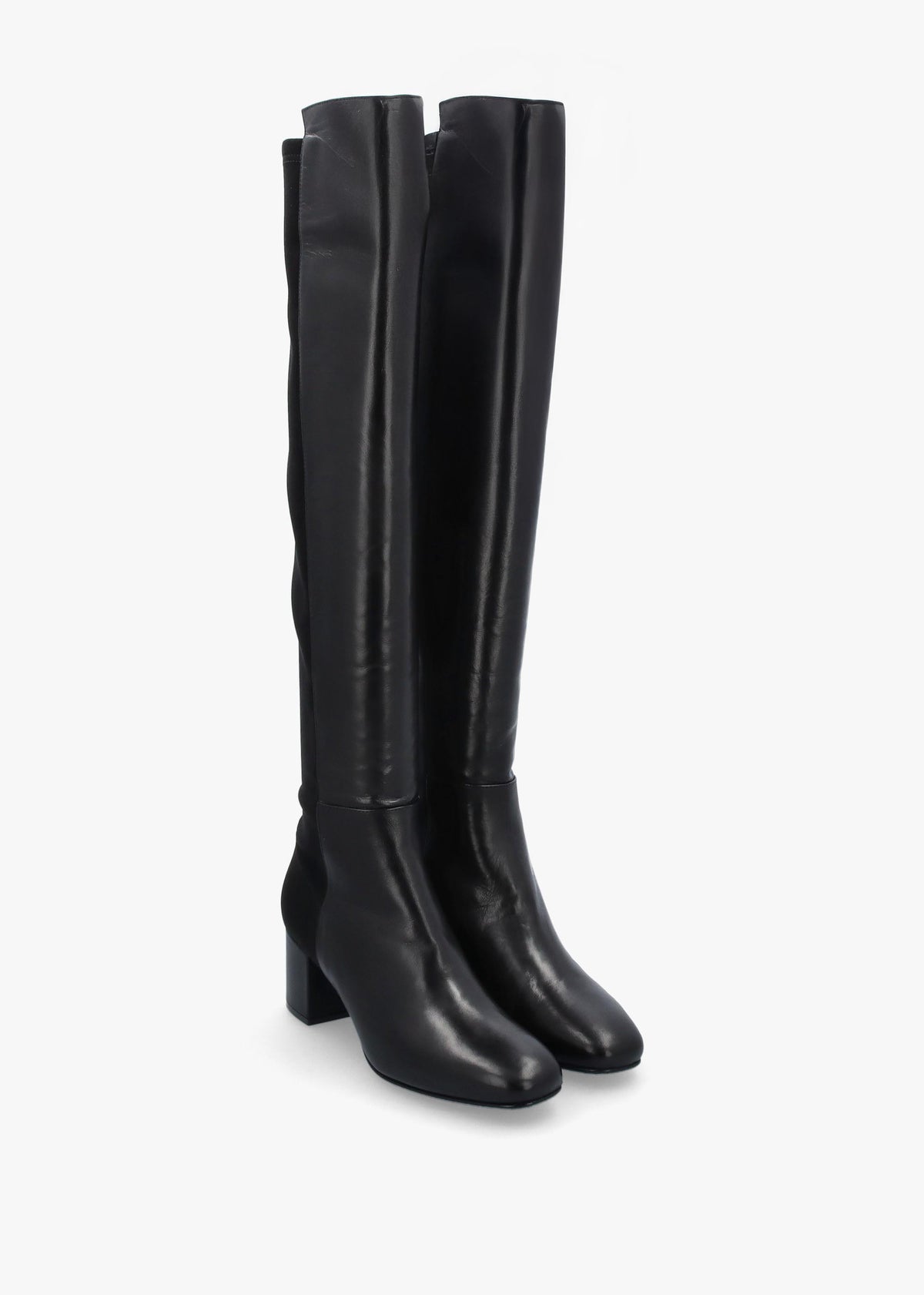 Mondo Black Leather Block Heel Over Knee Boots