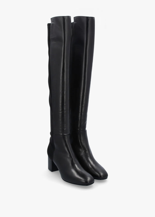 Mondo Black Leather Block Heel Over Knee Boots