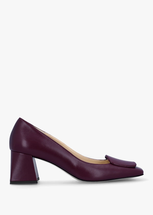 Nessie Burgundy Leather Block Heel Court Shoes