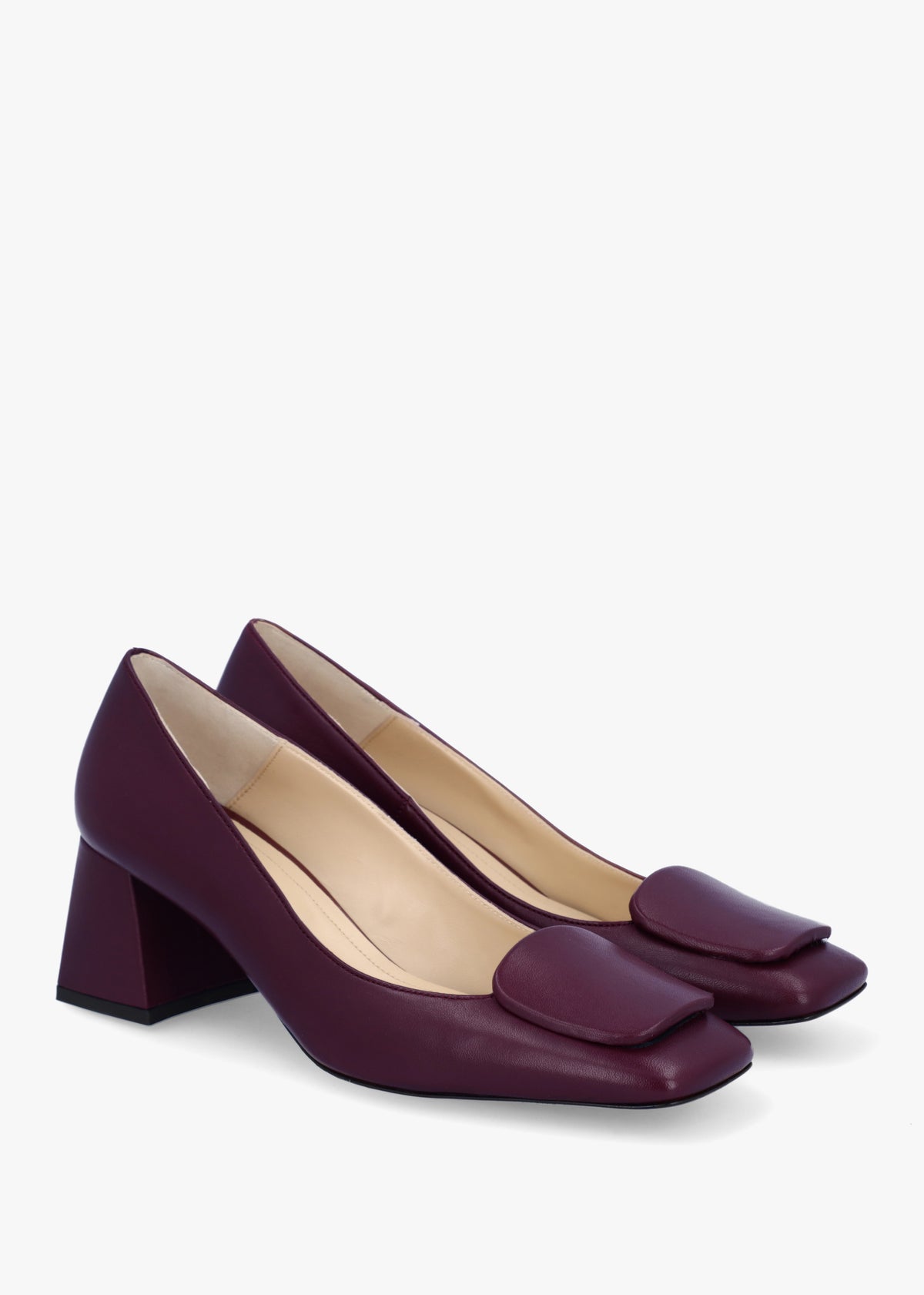 Nessie Burgundy Leather Block Heel Court Shoes