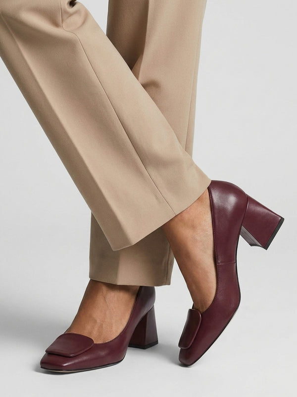 Daniel Nessie Burgundy Leather Block Heel Court Shoes