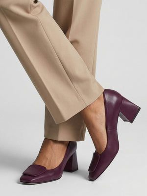 Nessie Burgundy Leather Block Heel Court Shoes