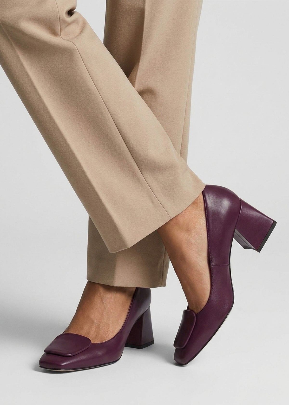Nessie Burgundy Leather Block Heel Court Shoes