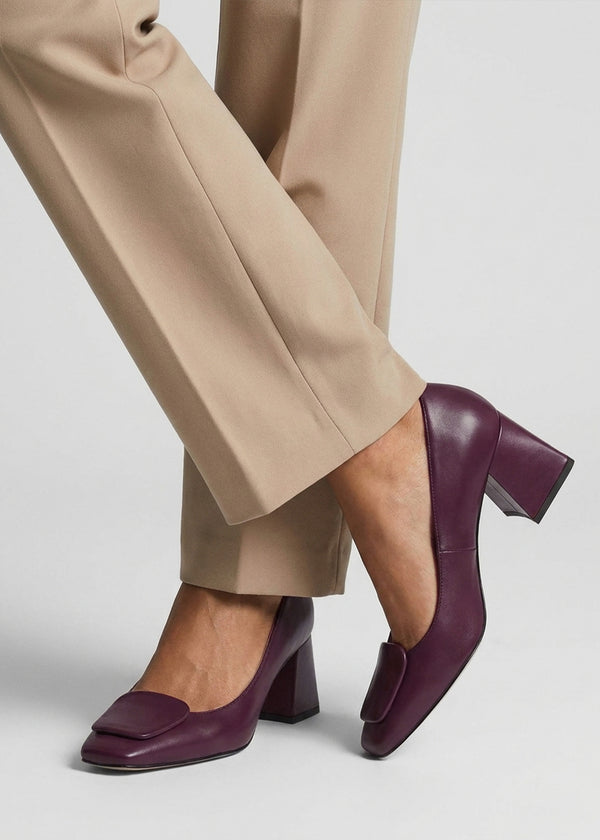 Nessie Burgundy Leather Block Heel Court Shoes