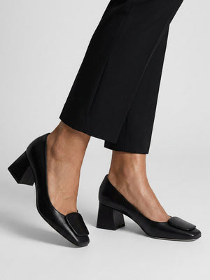 Daniel Nessie Black Leather Block Heel Court Shoes