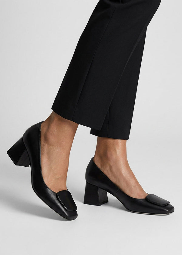 Daniel Nessie Black Leather Block Heel Court Shoes