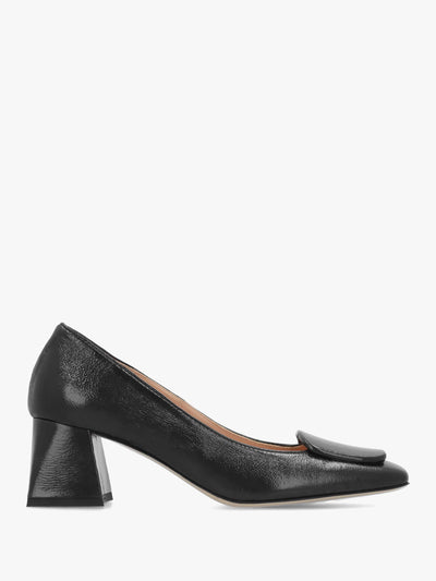 Daniel Nessie Black Patent Leather Block Heel Court Shoes