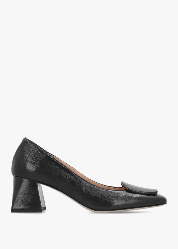Daniel Nessie Black Patent Leather Block Heel Court Shoes
