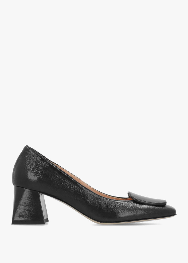 Daniel Nessie Black Patent Leather Block Heel Court Shoes
