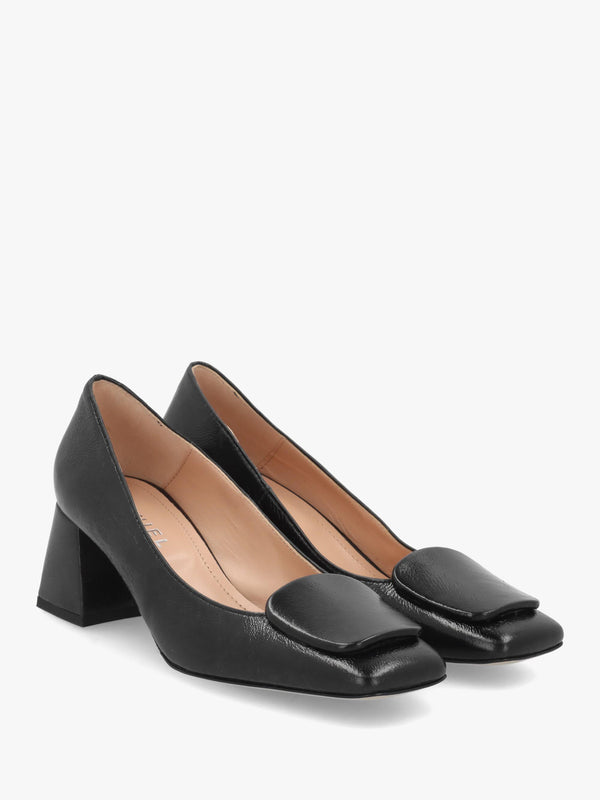 Daniel Nessie Black Patent Leather Block Heel Court Shoes