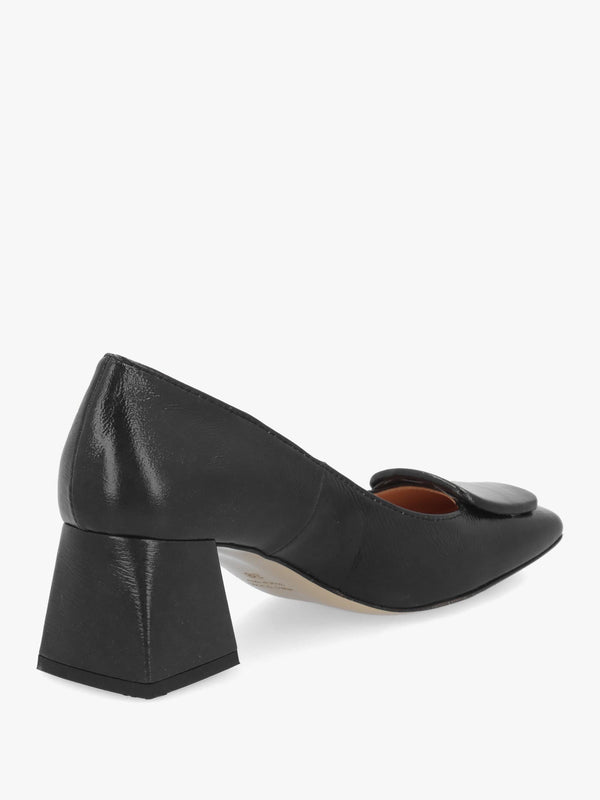 Daniel Nessie Black Patent Leather Block Heel Court Shoes