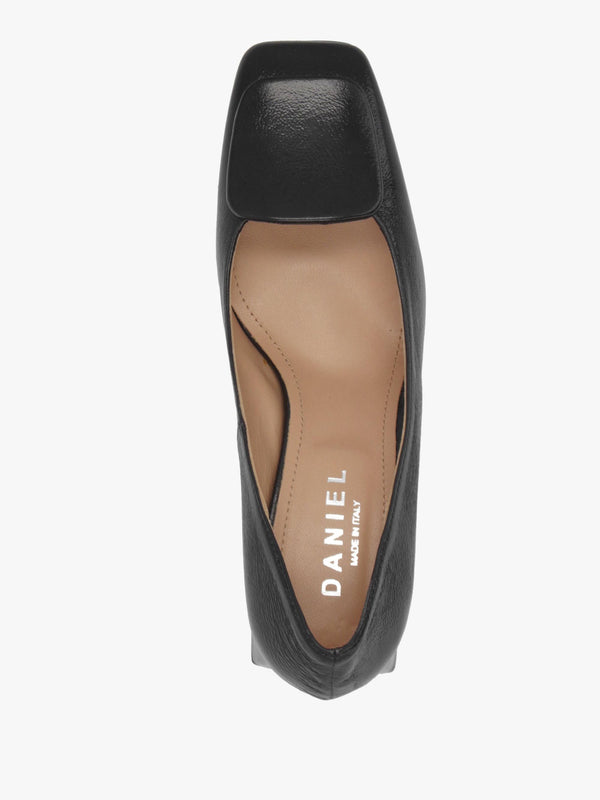 Daniel Nessie Black Patent Leather Block Heel Court Shoes