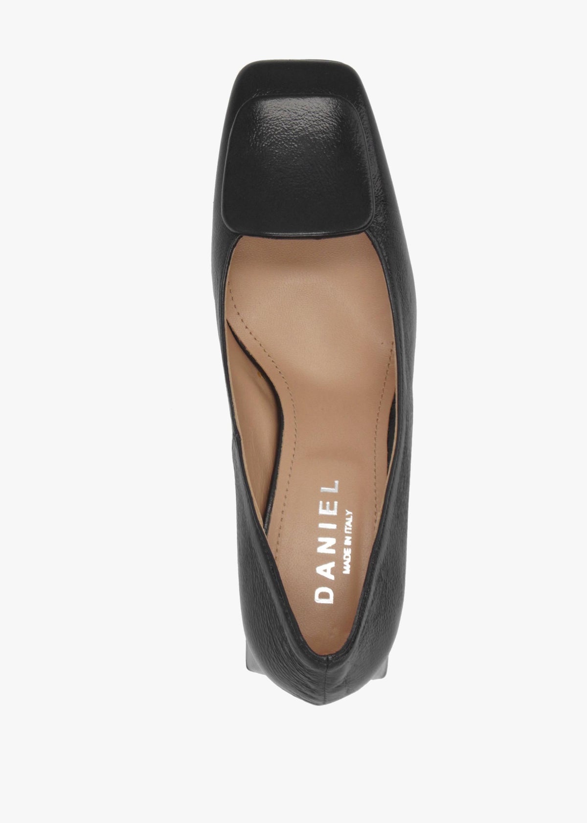 Daniel Nessie Black Patent Leather Block Heel Court Shoes