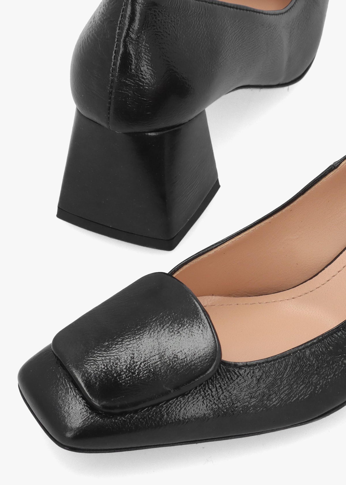Daniel Nessie Black Patent Leather Block Heel Court Shoes