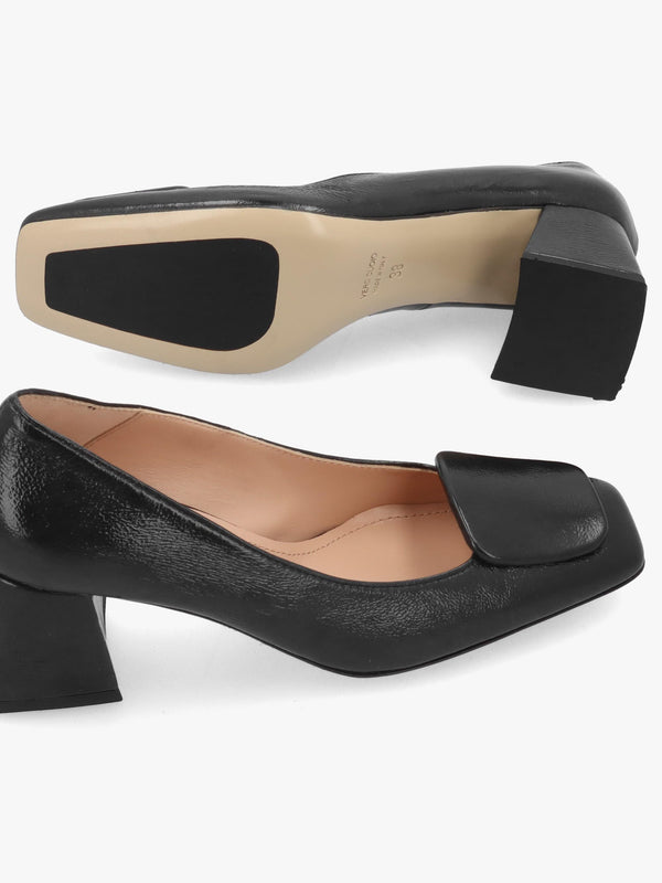 Daniel Nessie Black Patent Leather Block Heel Court Shoes