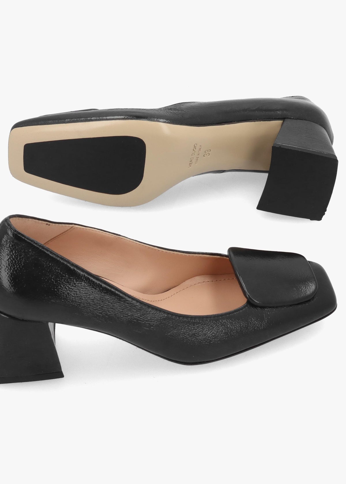Daniel Nessie Black Patent Leather Block Heel Court Shoes