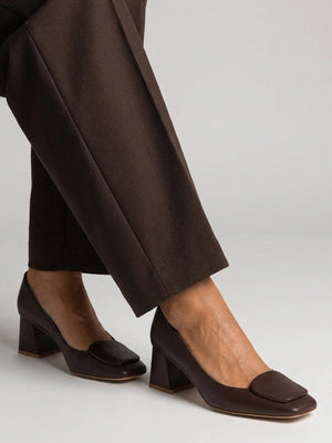 Nessie Brown Leather Block Heel Court Shoes