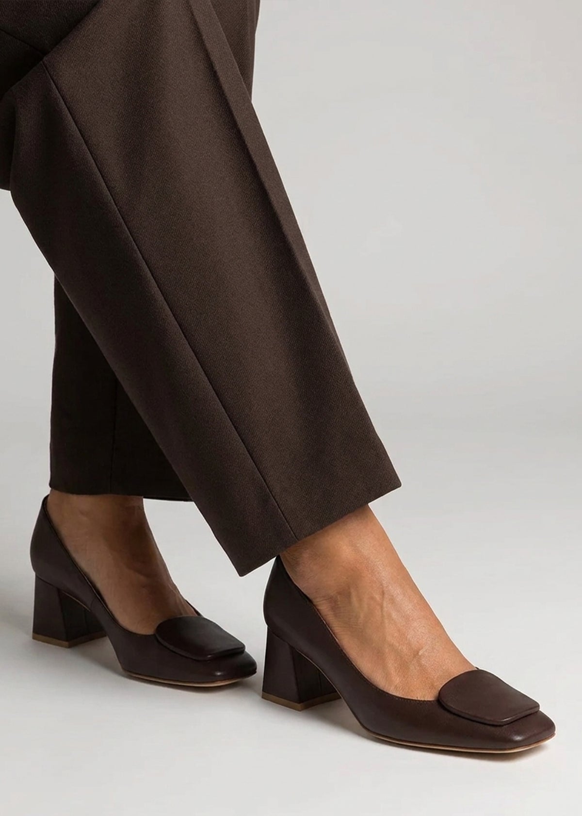 Nessie Brown Leather Block Heel Court Shoes