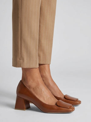 Daniel Nessie Tan Patent Leather Block Heel Court Shoes