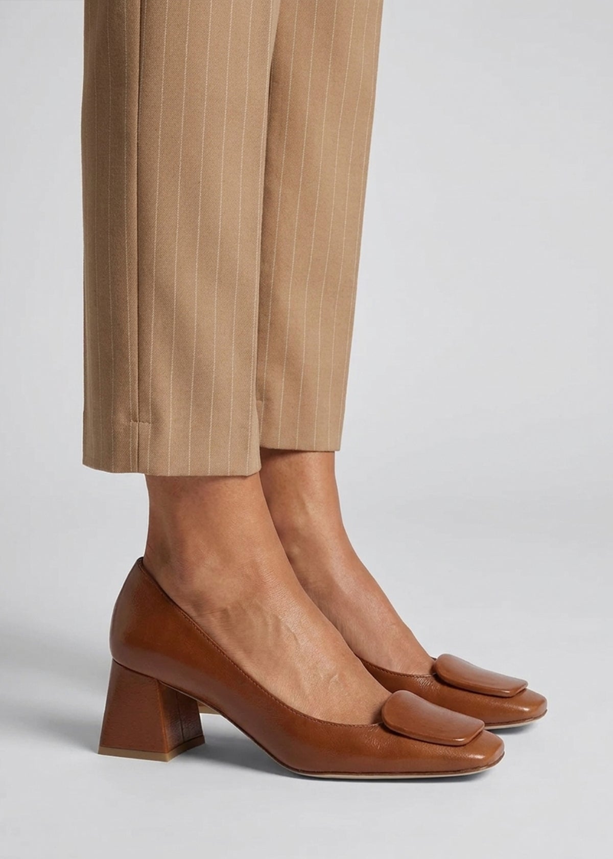Daniel Nessie Tan Patent Leather Block Heel Court Shoes