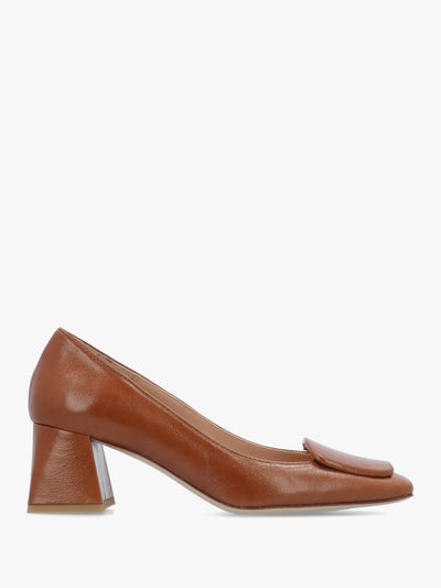 Daniel Nessie Tan Patent Leather Block Heel Court Shoes