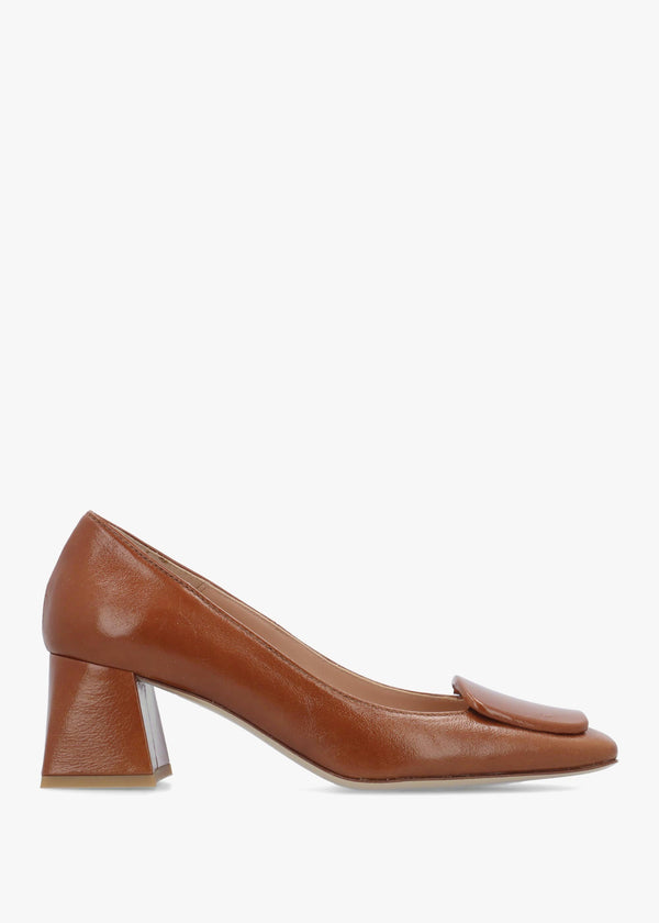 Daniel Nessie Tan Patent Leather Block Heel Court Shoes