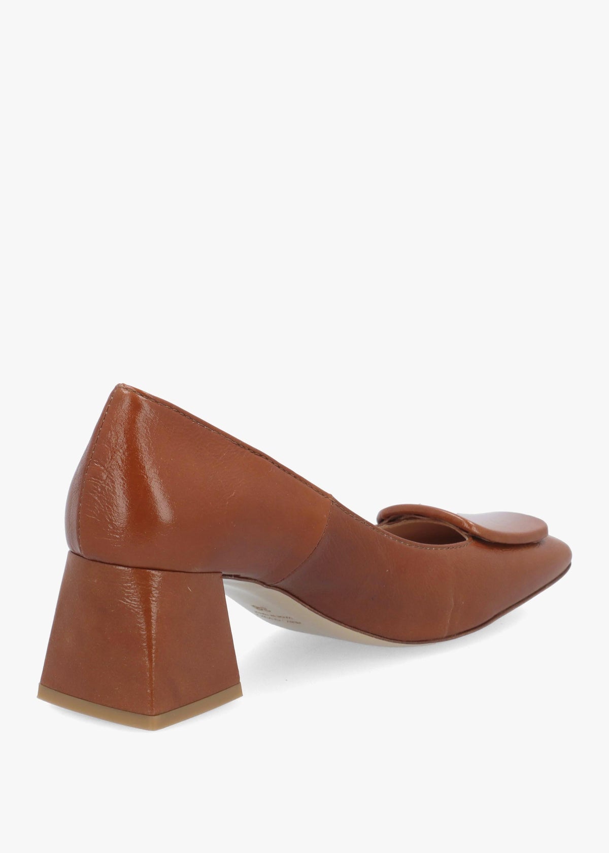 Daniel Nessie Tan Patent Leather Block Heel Court Shoes