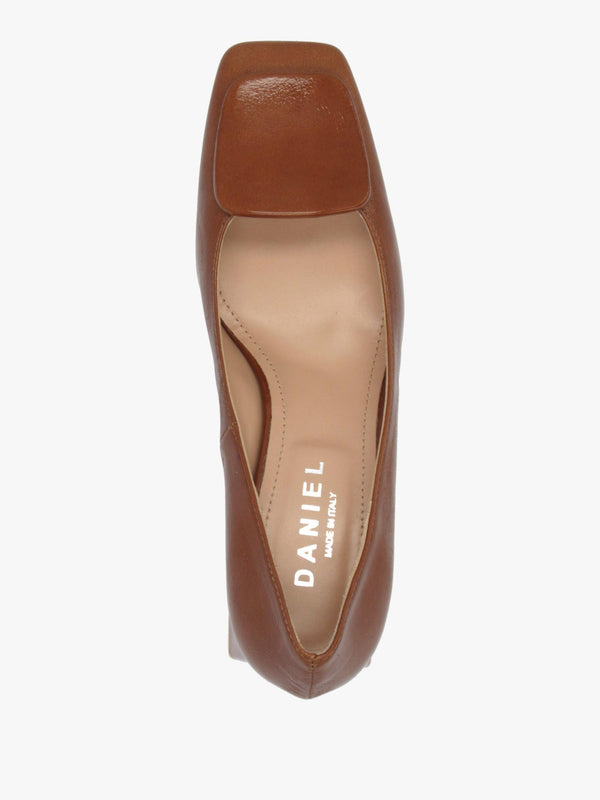 Daniel Nessie Tan Patent Leather Block Heel Court Shoes