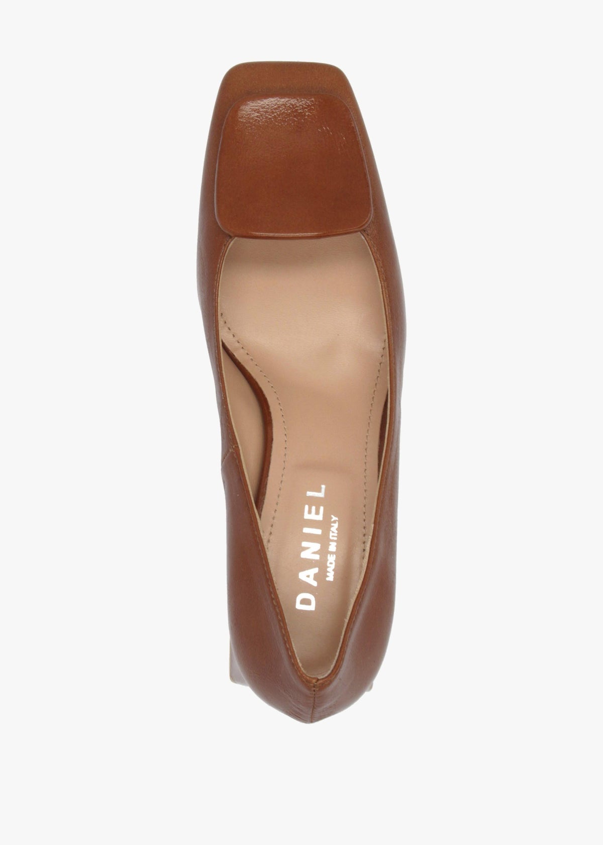 Daniel Nessie Tan Patent Leather Block Heel Court Shoes