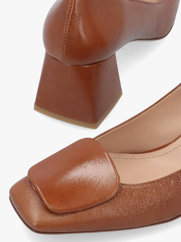 Daniel Nessie Tan Patent Leather Block Heel Court Shoes