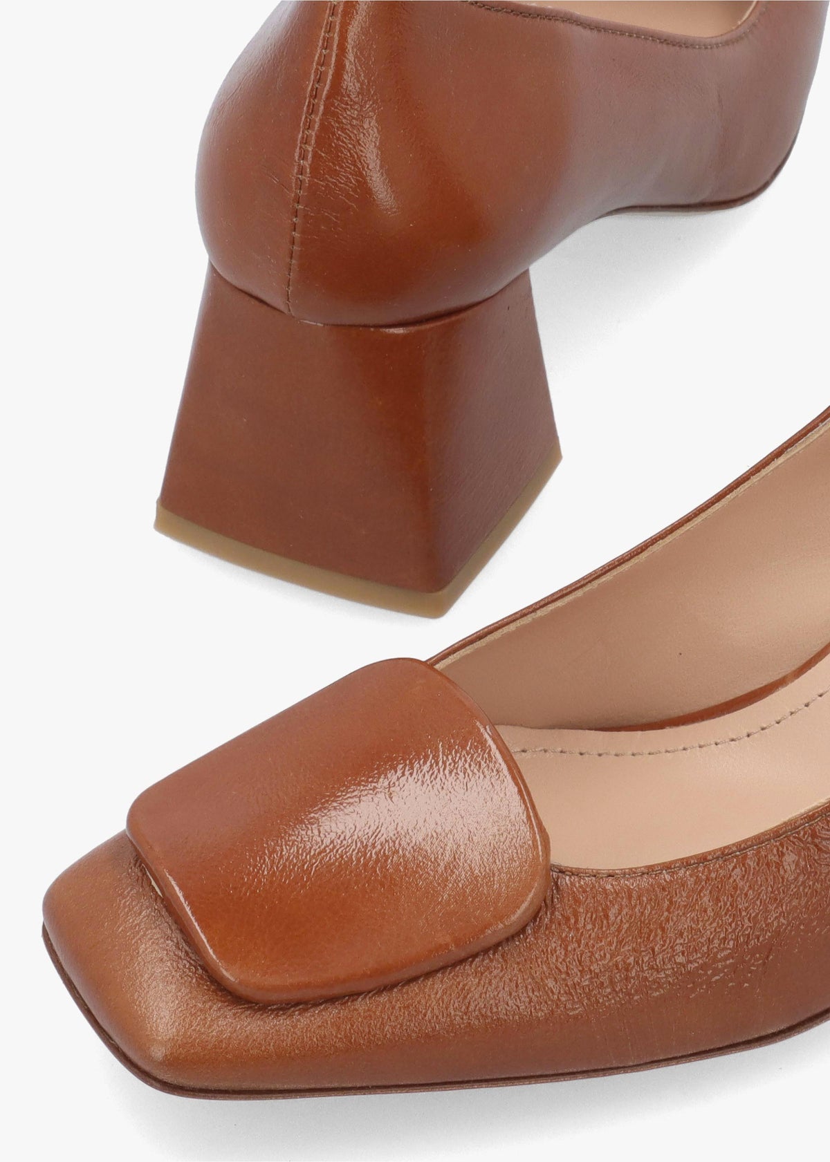 Daniel Nessie Tan Patent Leather Block Heel Court Shoes