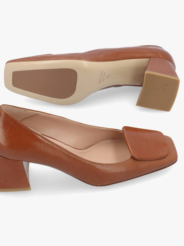 Daniel Nessie Tan Patent Leather Block Heel Court Shoes