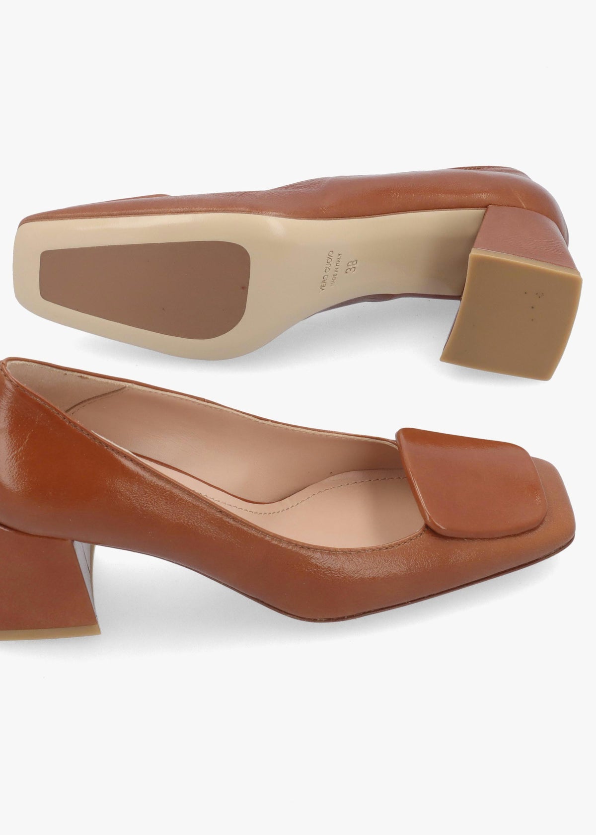 Daniel Nessie Tan Patent Leather Block Heel Court Shoes
