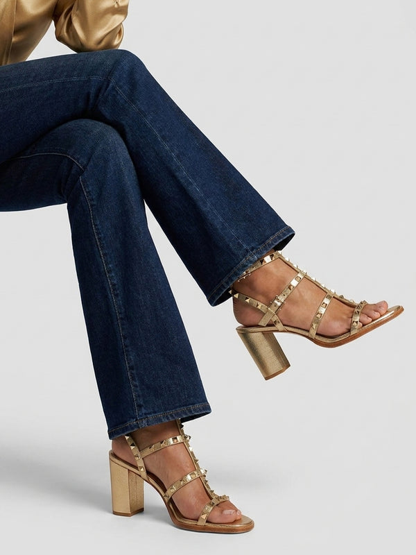 Daniel Pitter Gold Leather Studded Block Heeled Sandals