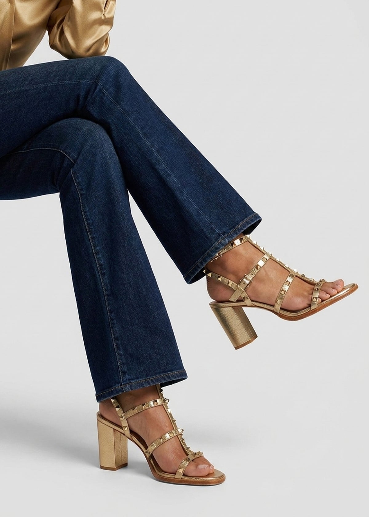 Daniel Pitter Gold Leather Studded Block Heeled Sandals
