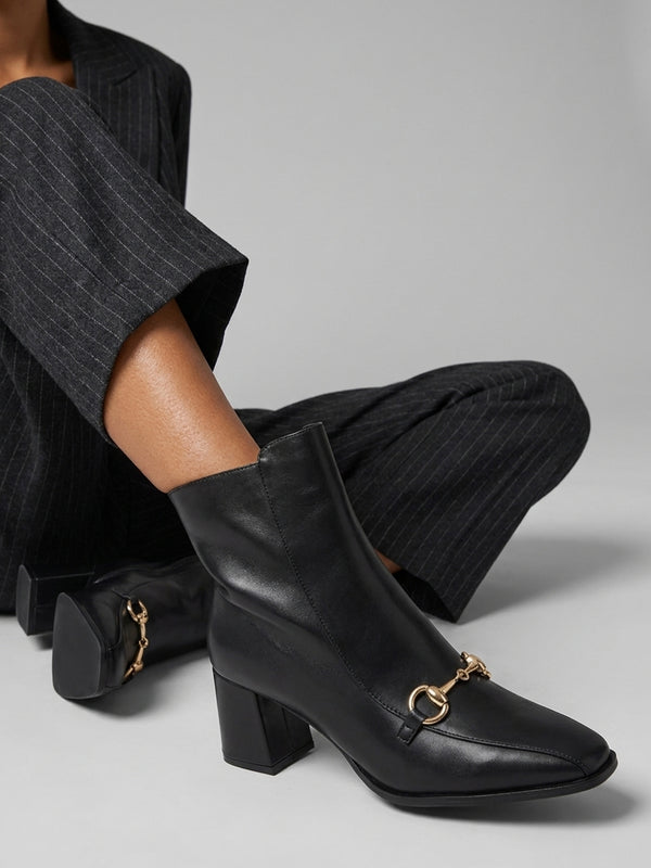 Prim Black Leather Snaffle Block Heel Ankle Boots