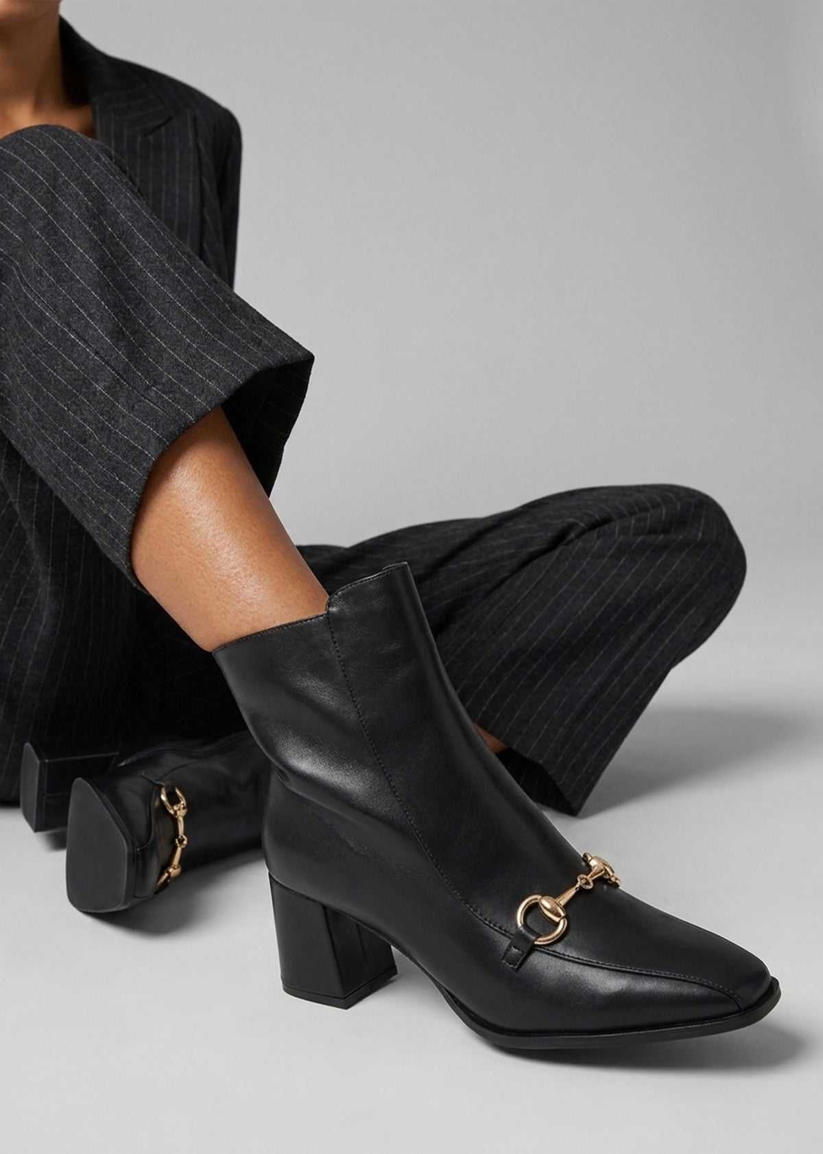 Prim Black Leather Snaffle Block Heel Ankle Boots