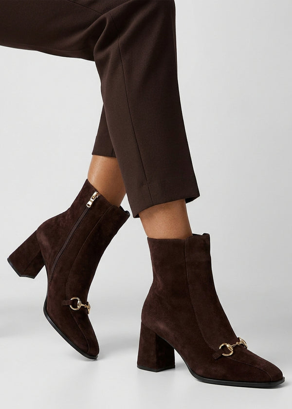 Daniel Prim Brown Suede Snaffle Block Heel Ankle Boots