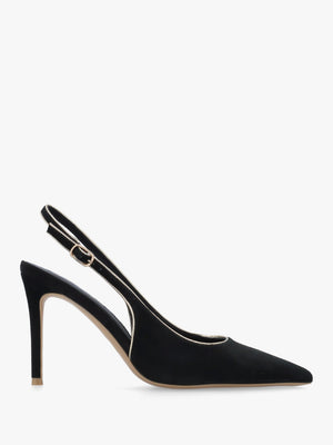 DANIEL Rejoice Black Suede Piped Trim Sling Back Heeled Court Shoes