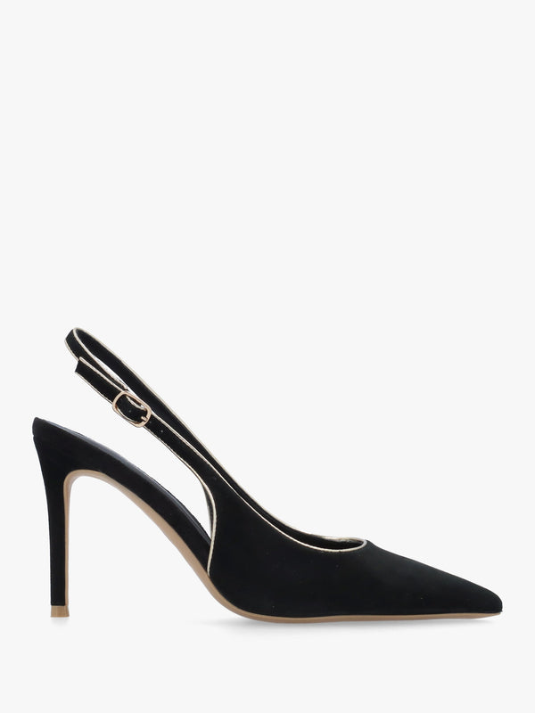 DANIEL Rejoice Black Suede Piped Trim Sling Back Heeled Court Shoes