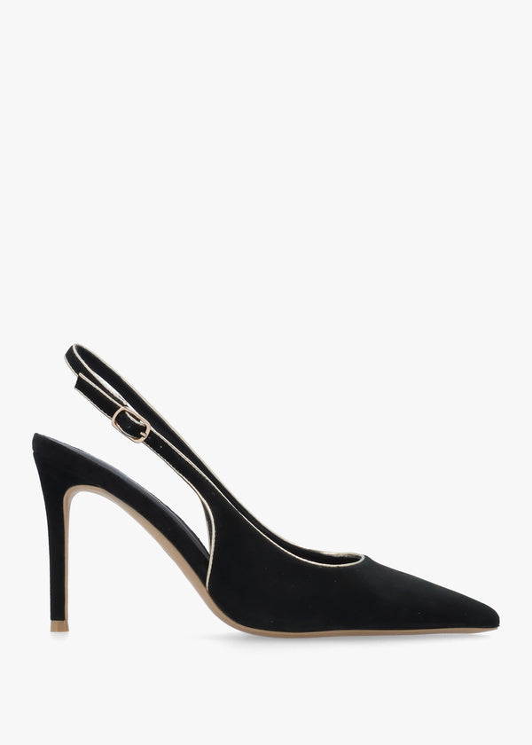 DANIEL Rejoice Black Suede Piped Trim Sling Back Heeled Court Shoes
