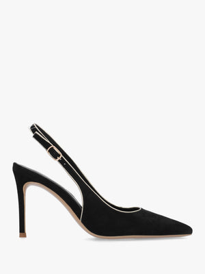 Rejoice Black Suede Piped Trim Sling Back Heeled Court Shoes