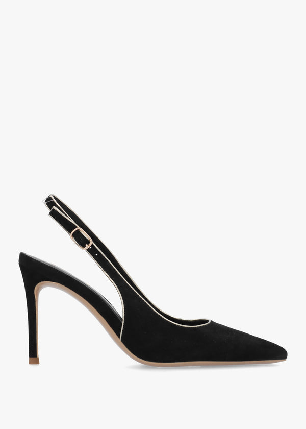 Rejoice Black Suede Piped Trim Sling Back Heeled Court Shoes