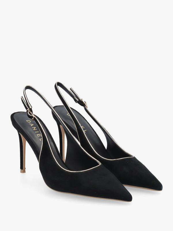 DANIEL Rejoice Black Suede Piped Trim Sling Back Heeled Court Shoes
