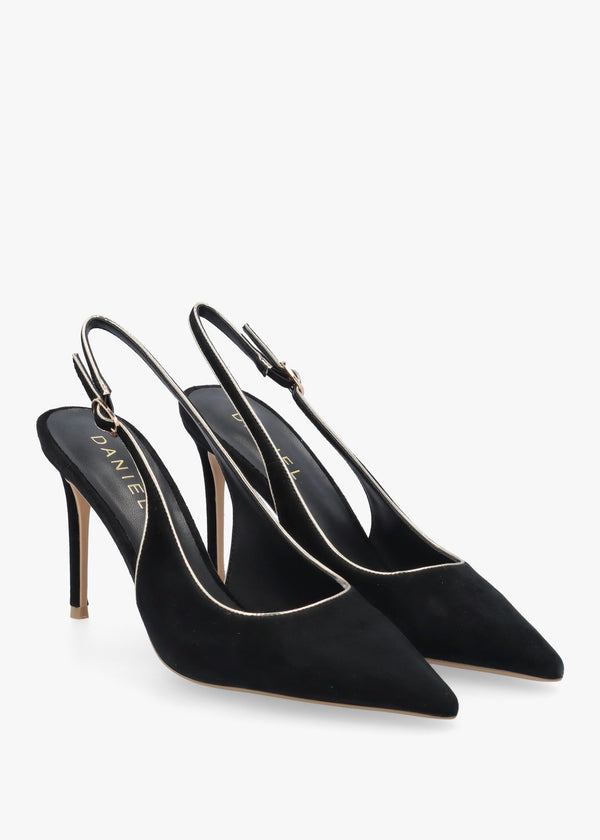 DANIEL Rejoice Black Suede Piped Trim Sling Back Heeled Court Shoes