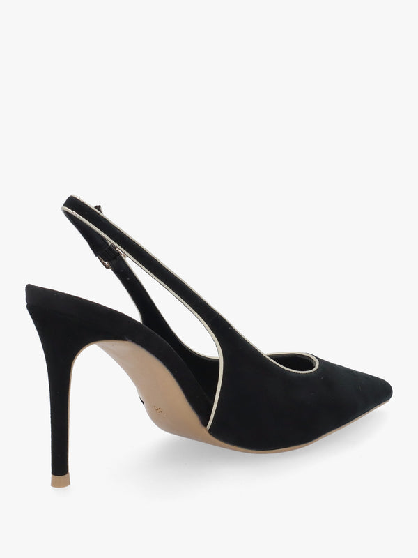 DANIEL Rejoice Black Suede Piped Trim Sling Back Heeled Court Shoes