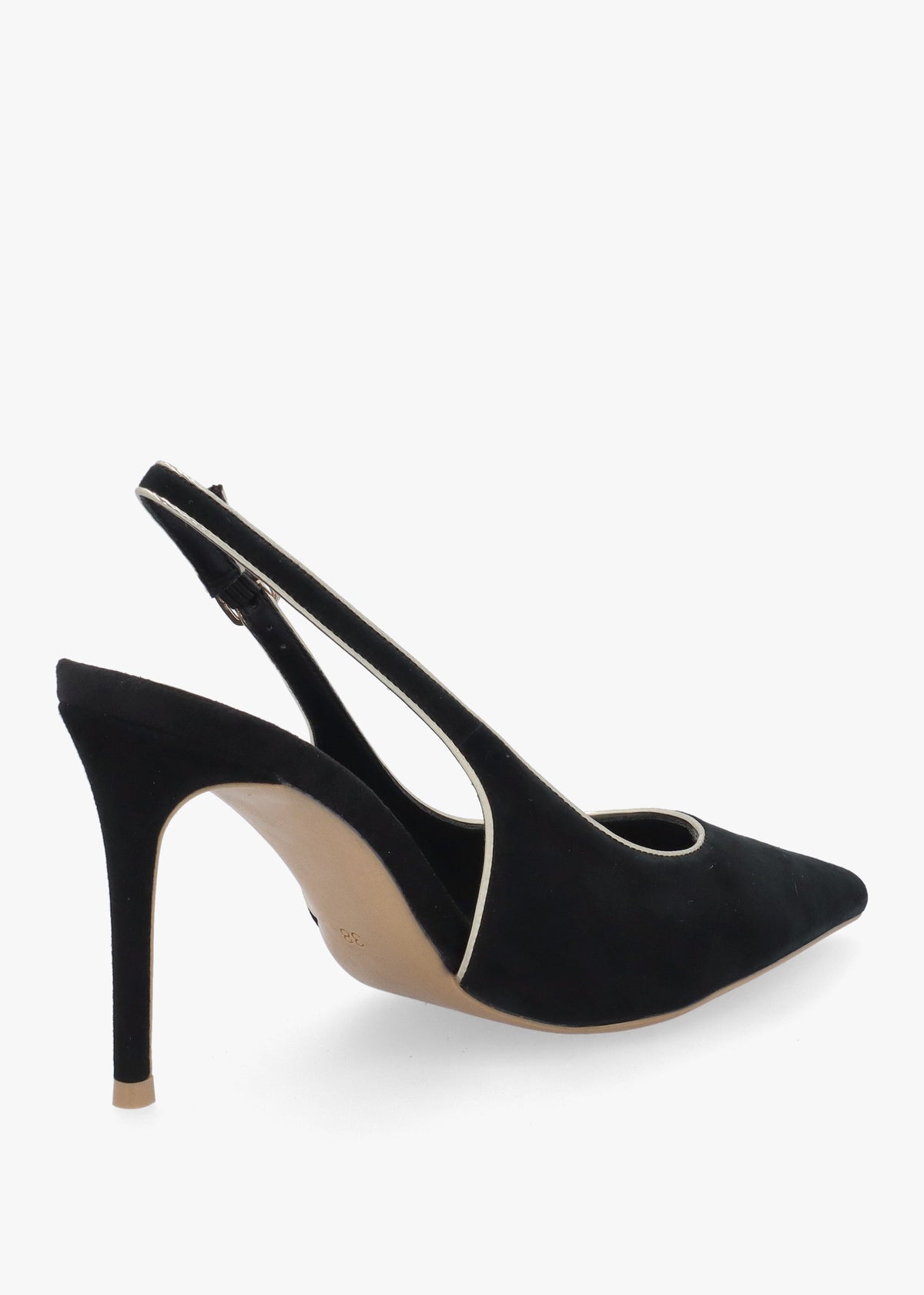 DANIEL Rejoice Black Suede Piped Trim Sling Back Heeled Court Shoes